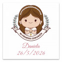 Portachiavi metallico bambina in sacchetto di stoffa naturale con biglietto promemoria prima comunione personalizzato per