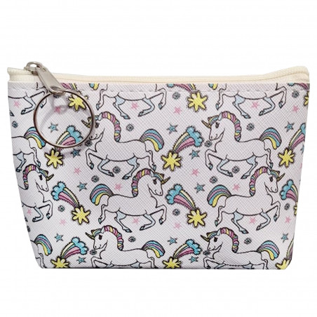 Portafoglio bianco con unicorni e chiusura a zip