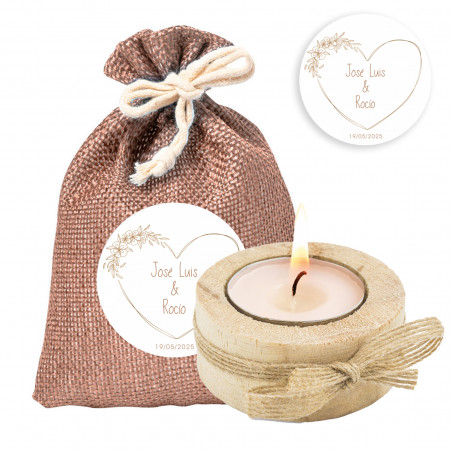 Portacandele in legno con candela inclusa in borsa personalizzata con cuore