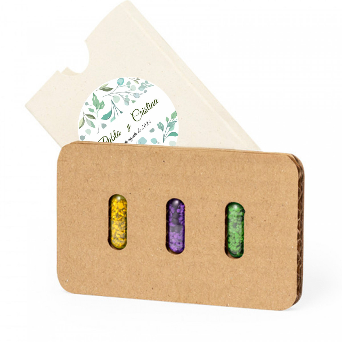 Semi in capsule presentati in una scatola con adesivo personalizzabile per dettagli eco