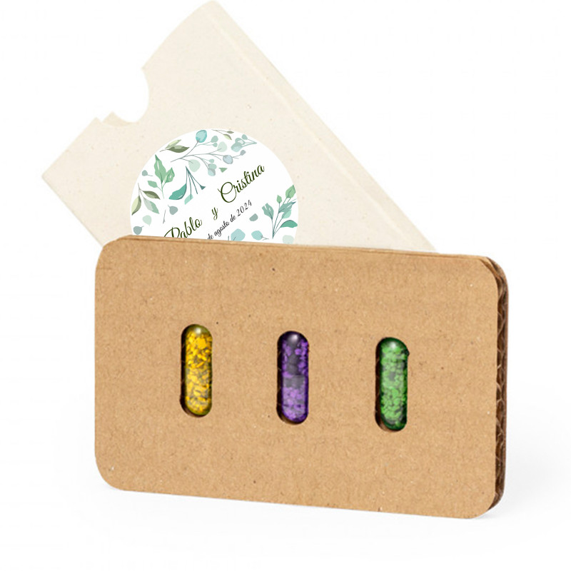 Semi in capsule presentati in una scatola con adesivo personalizzabile per dettagli eco