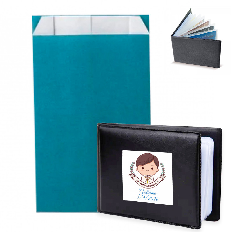 Portacarte con adesivo la mia prima comunione in busta kraft blu da regalare