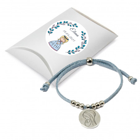 Bracciale con medaglia della Vergine Maria in astuccio personalizzato con adesivo per comunione di bambina