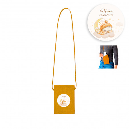 Portatodo color senape con manico lungo personalizzato con adesivo di bambino