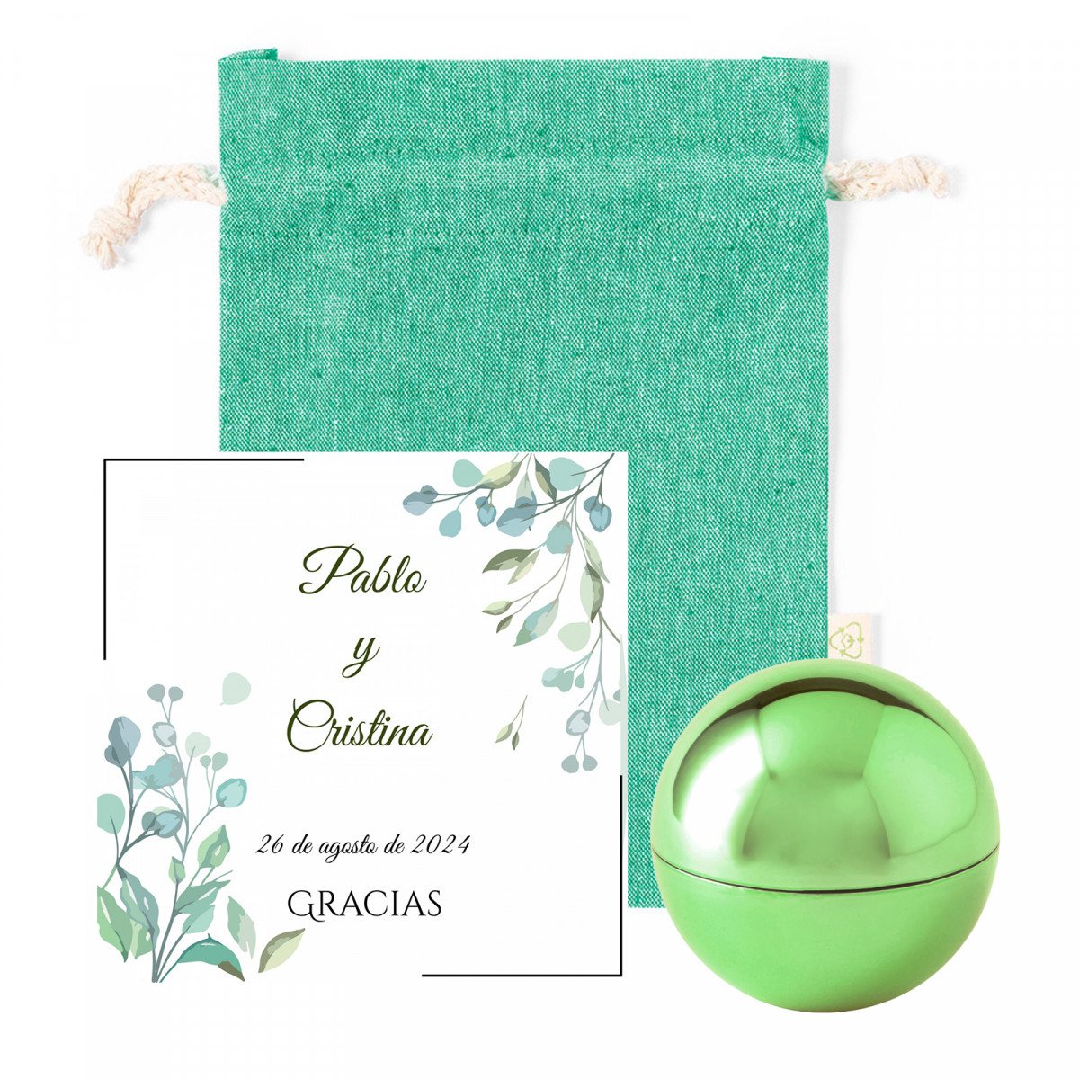 Balsamo labiale sferico verde con scheda promemoria personalizzata in borsa di cotone per dettagli
