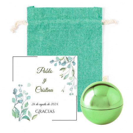 Balsamo labiale sferico verde con scheda promemoria personalizzata in borsa di cotone per dettagli