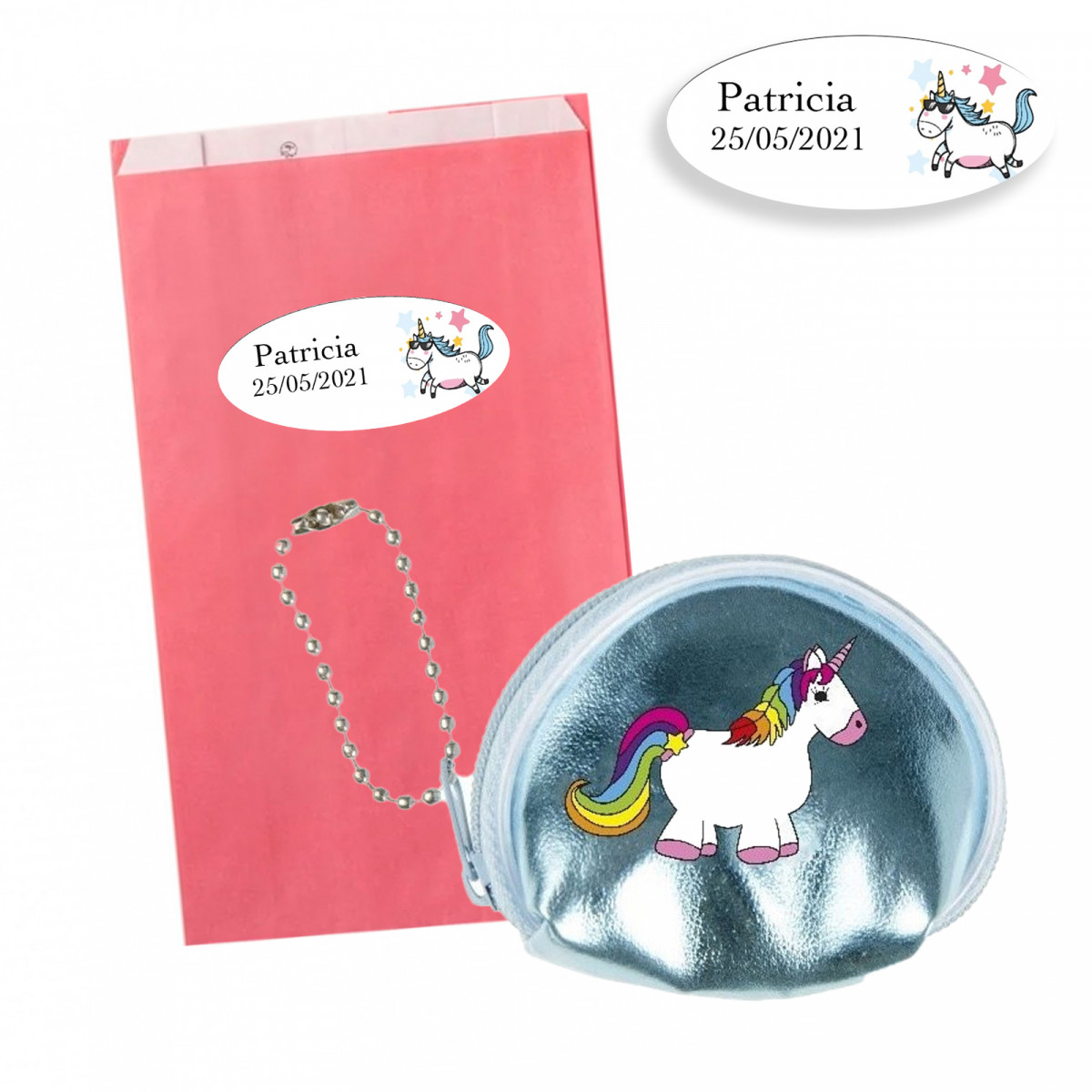 Portafoglio mini brillante a forma di unicorno in busta rosa e adesivo personalizzato da regalare