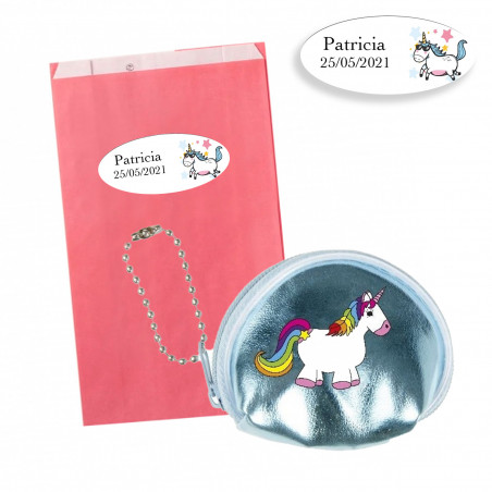 Portafoglio mini brillante a forma di unicorno in busta rosa e adesivo personalizzato da regalare