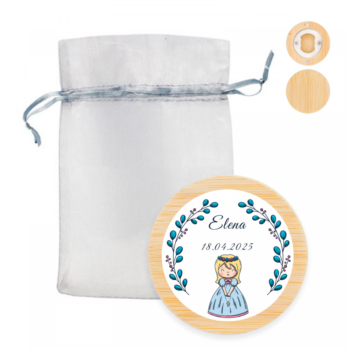 Apribottiglie magnetico con adesivo prima comunione bambina in delicata borsa di organza argento da regalare