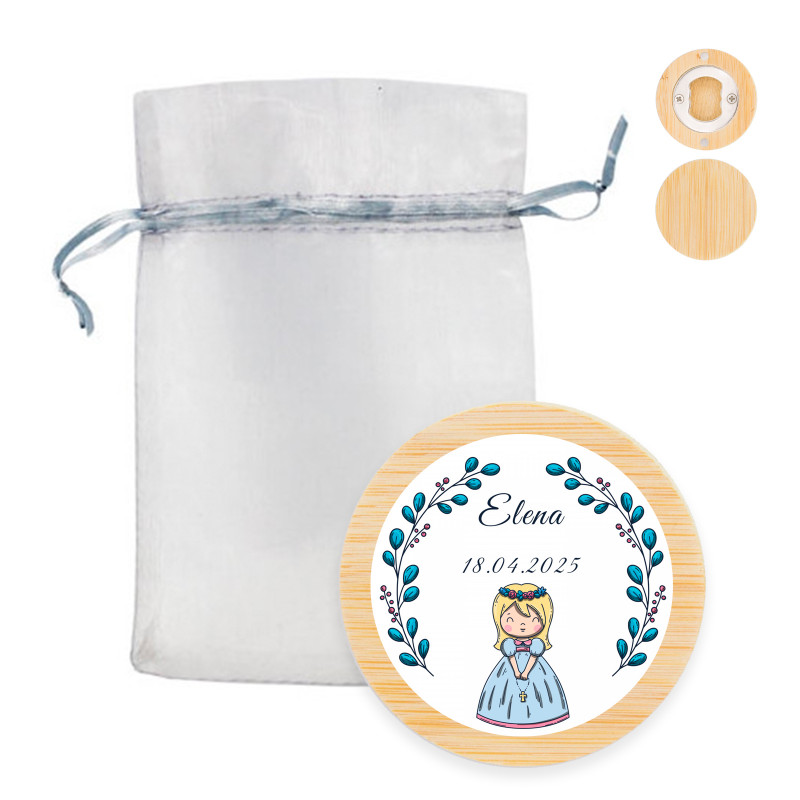 Apribottiglie magnetico con adesivo prima comunione bambina in delicata borsa di organza argento da regalare