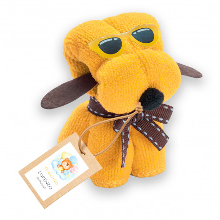 Asciugamano a forma di cagnolino con etichetta appendibile e adesivo personalizzabile per dettagli battesimo unisex
