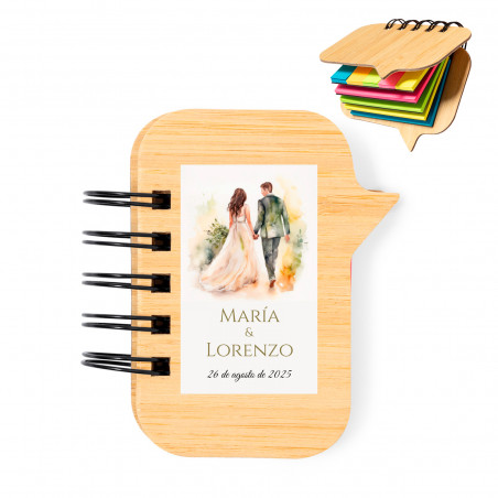 Blocco note con anelli e copertura in bambù con adesivo personalizzabile per sposi per dettagli matrimonio