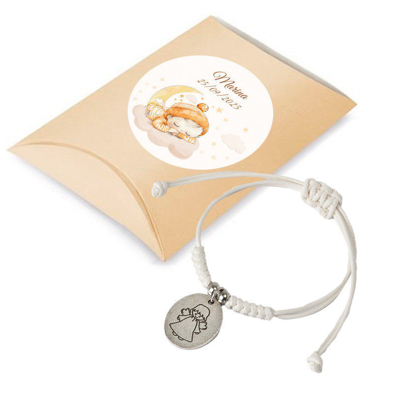 Bracciale in corda con medaglia d'angelo in astuccio personalizzato con bambino che dorme per battesimi