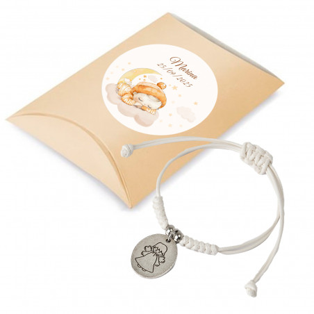 Bracciale in corda con medaglia d'angelo in astuccio personalizzato con bambino che dorme per battesimi