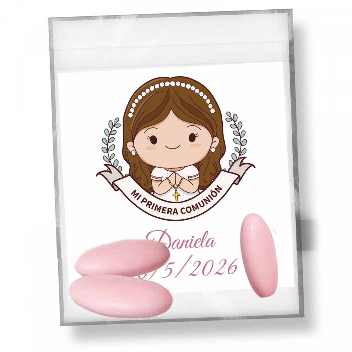 Peladillas di cioccolato con copertura rosa 3 unità in busta con biglietto promemoria comunione bambina