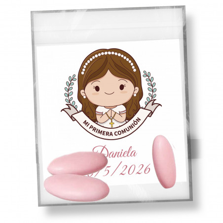Peladillas di cioccolato con copertura rosa 3 unità in busta con biglietto promemoria comunione bambina