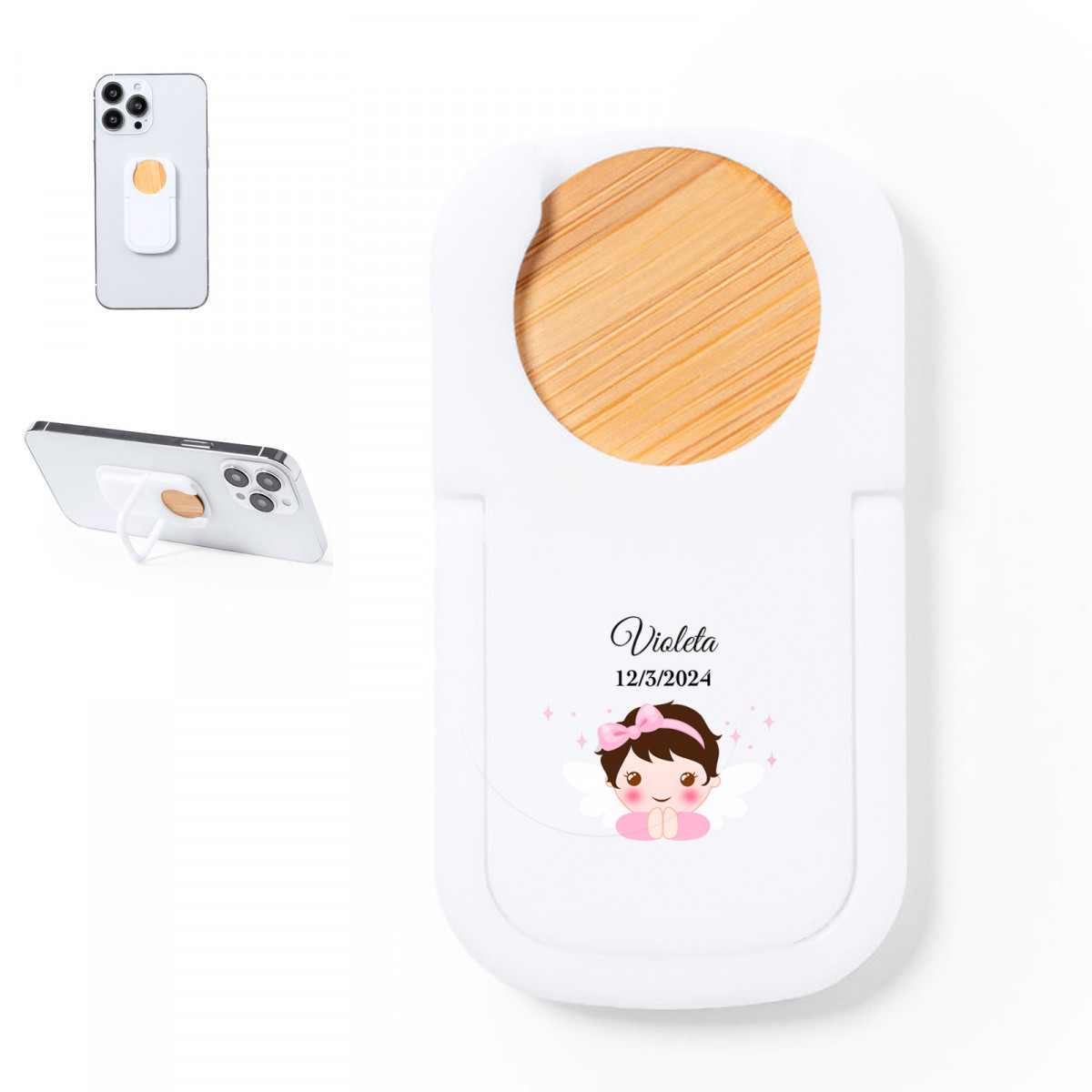 Supporto per cellulare con moneta di bambù e adesivo di battesimo design angelo rosa per dettagli degli ospiti