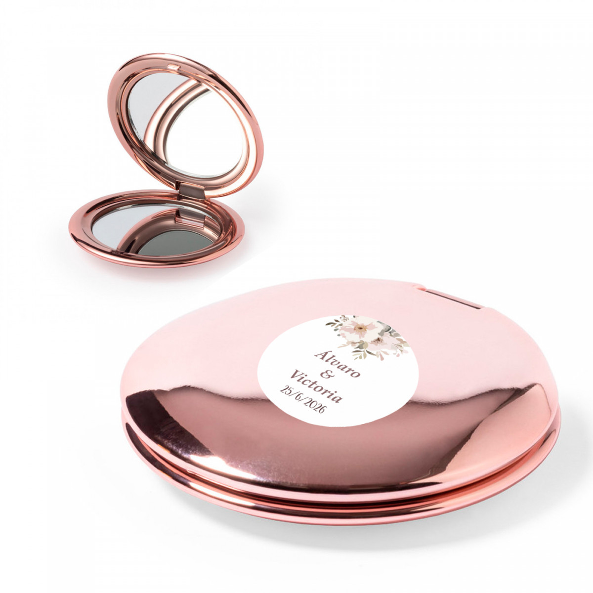 Specchio doppio rotondo rosa metallizzato con adesivo floreale da 2 cm per dettagli ospiti