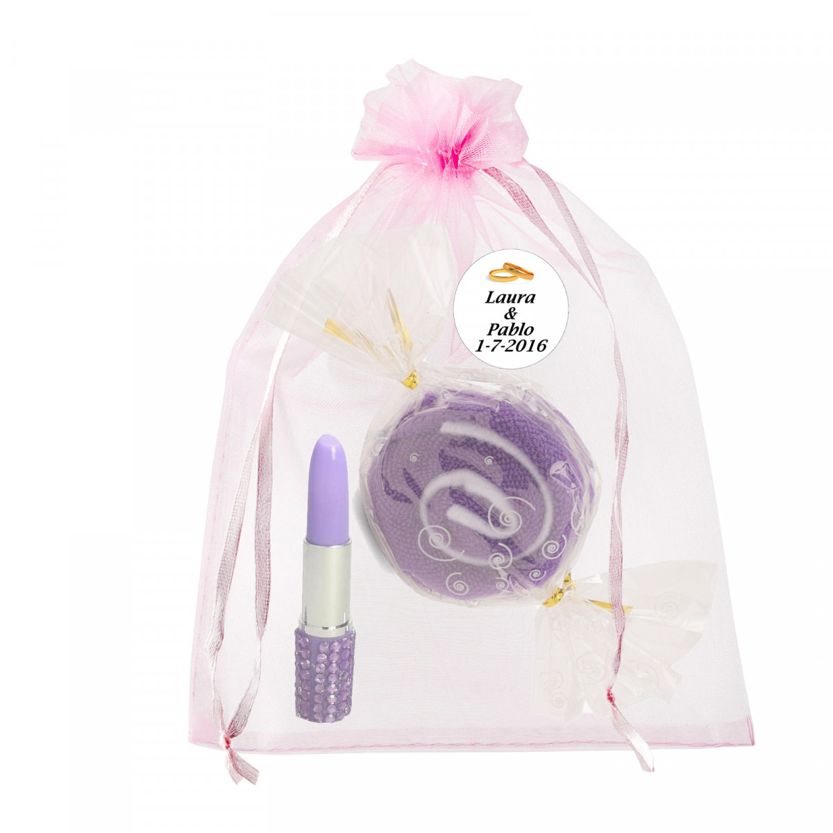 Asciugamano caramella con penna rossetto in sacchetto di organza personalizzato