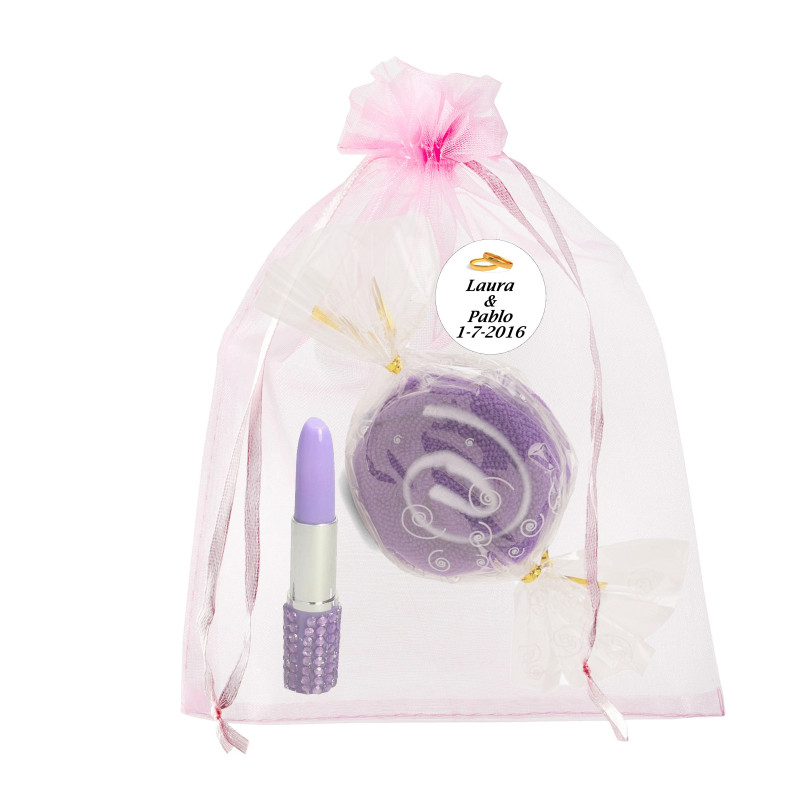 Asciugamano caramella con penna rossetto in sacchetto di organza personalizzato