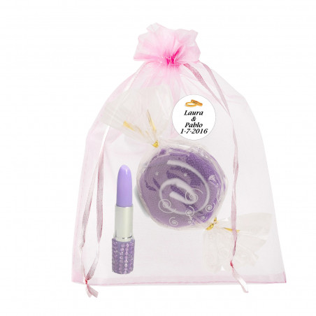 Asciugamano caramella con penna rossetto in sacchetto di organza personalizzato