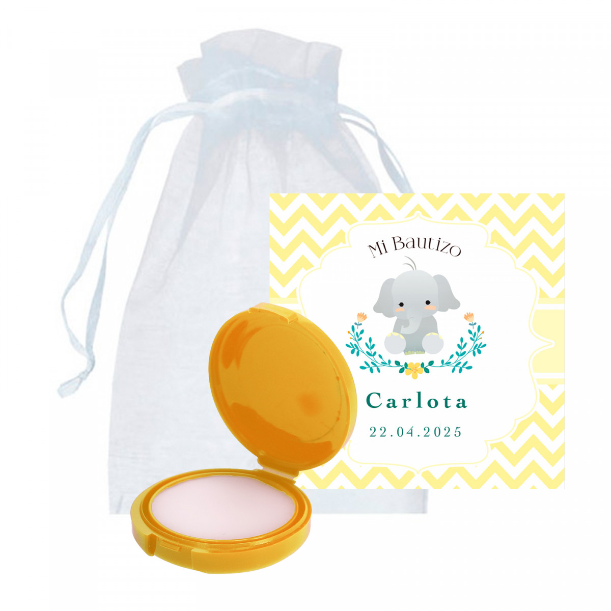 Balsamo labiale in astuccio giallo con scheda personalizzabile in borsa di organza bianca per un regalo di battesimo