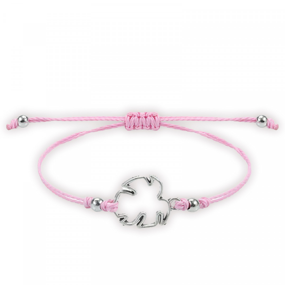Bracciale regolabile con quadrifoglio portafortuna in filo rosa, dettaglio elegante e simbolico