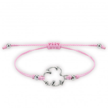Bracciale regolabile con quadrifoglio portafortuna in filo rosa, dettaglio elegante e simbolico