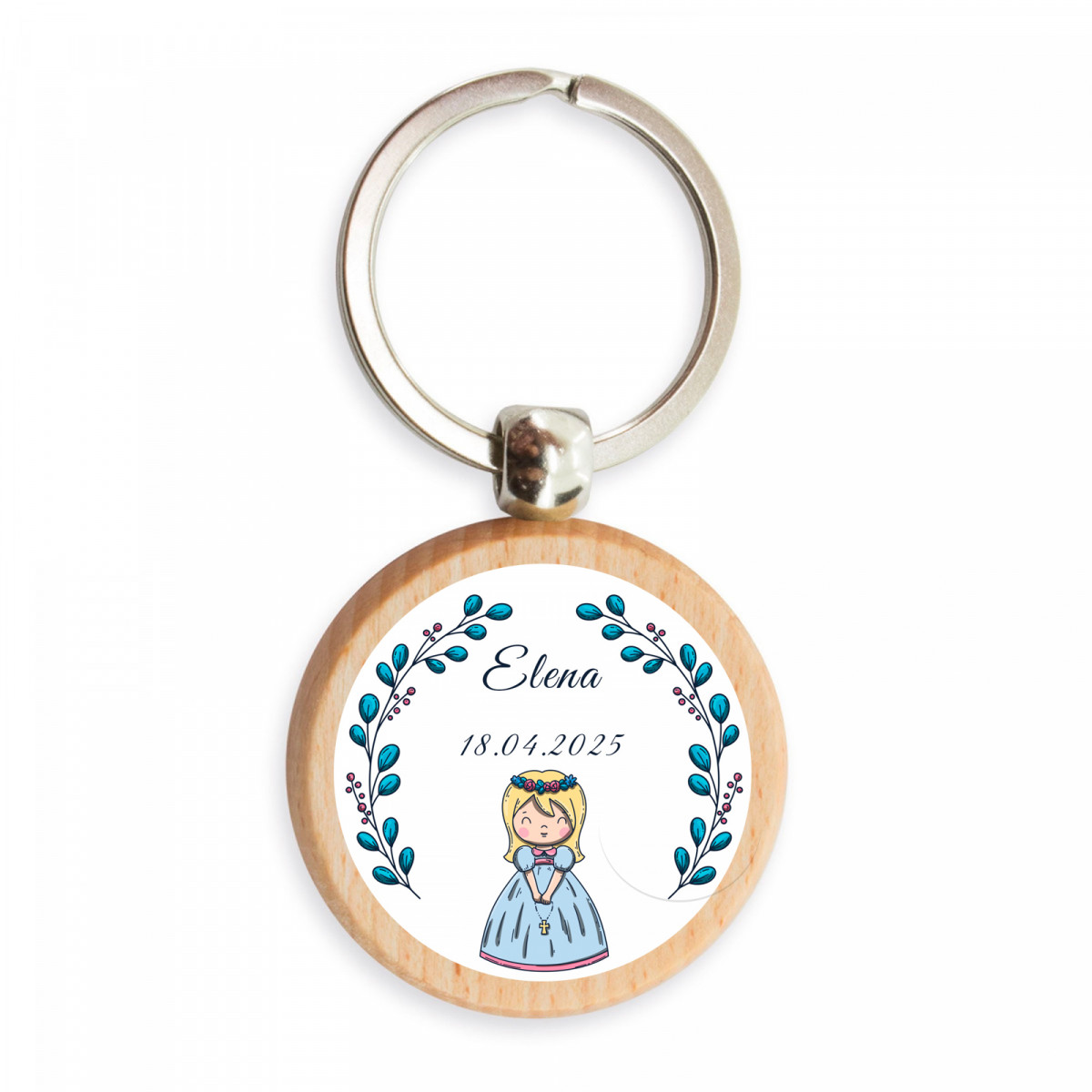 Portachiavi in bambù con tenero adesivo personalizzabile per dettagli di prima comunione per bambina