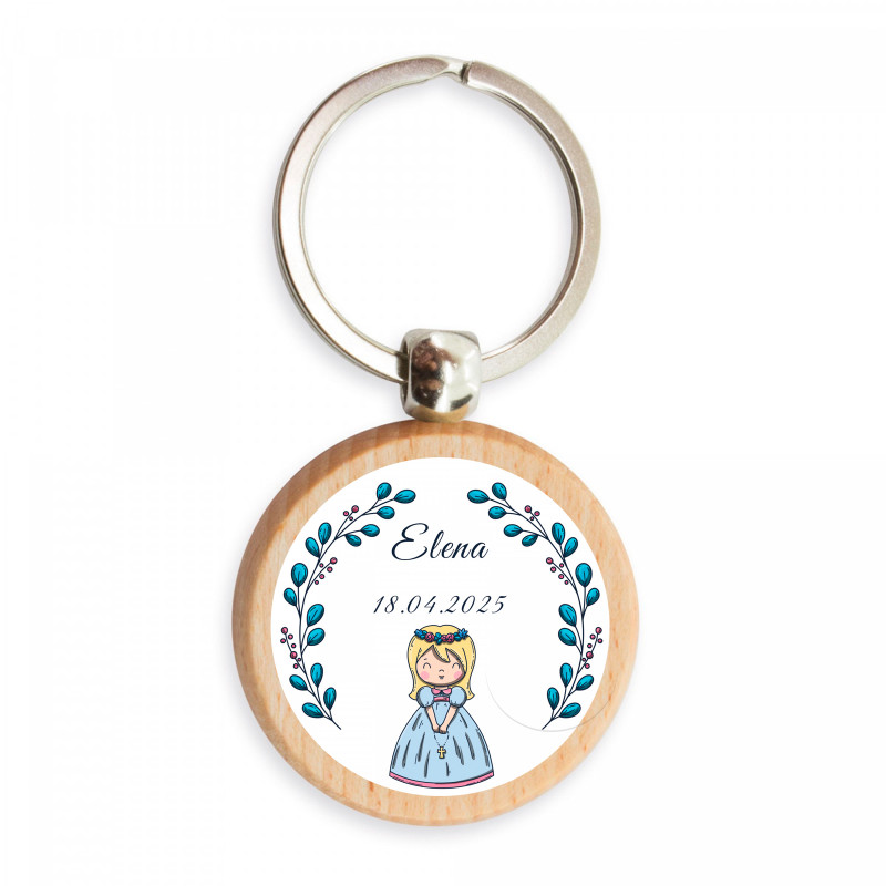 Portachiavi in bambù con tenero adesivo personalizzabile per dettagli di prima comunione per bambina