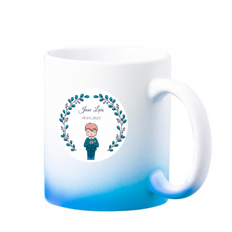Tazza in sublimazione finitura opaca con gradiente blu personalizzata per dettagli di comunione per bambino