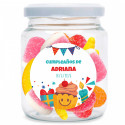 Barattolo con assortimento di caramelle gommose personalizzabile con adesivo di compleanno da regalare