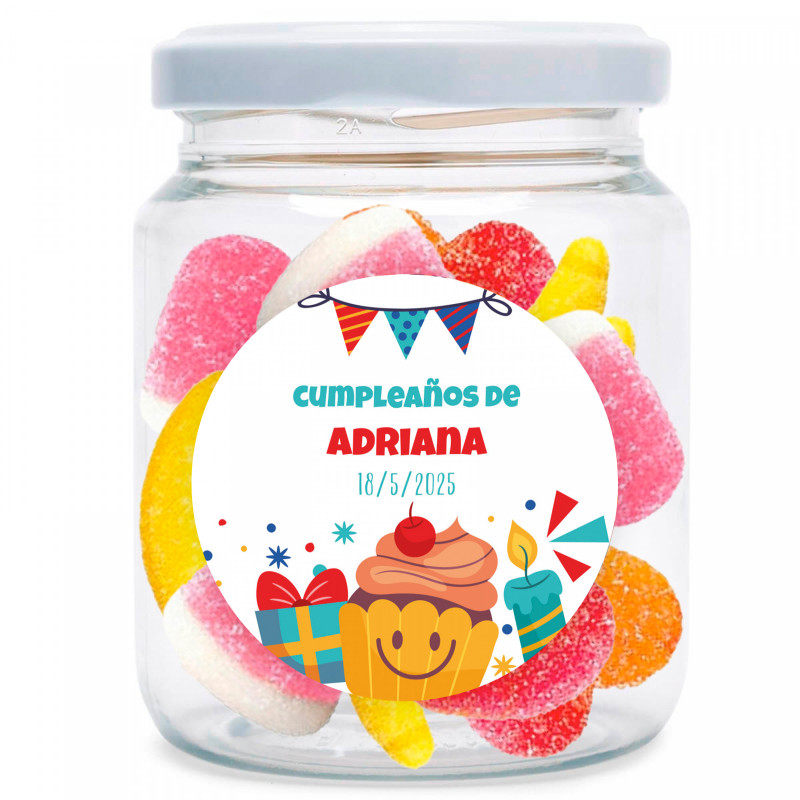 Barattolo con assortimento di caramelle gommose personalizzabile con adesivo di compleanno da regalare