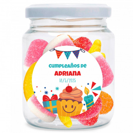 Barattolo con assortimento di caramelle gommose personalizzabile con adesivo di compleanno da regalare