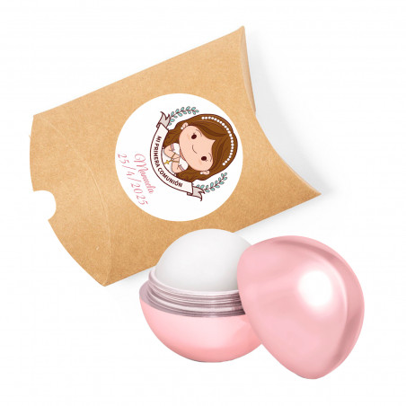Lucidalabbra rosa in astuccio kraft con adesivo prima comunione di bambina da regalare