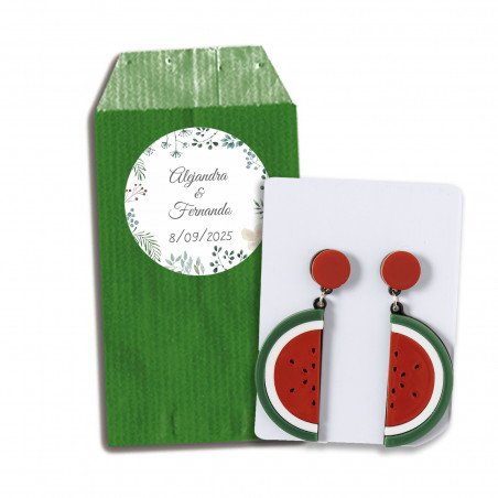 Orecchini design angurie in sacchetto con adesivo personalizzato per dettagli invitati