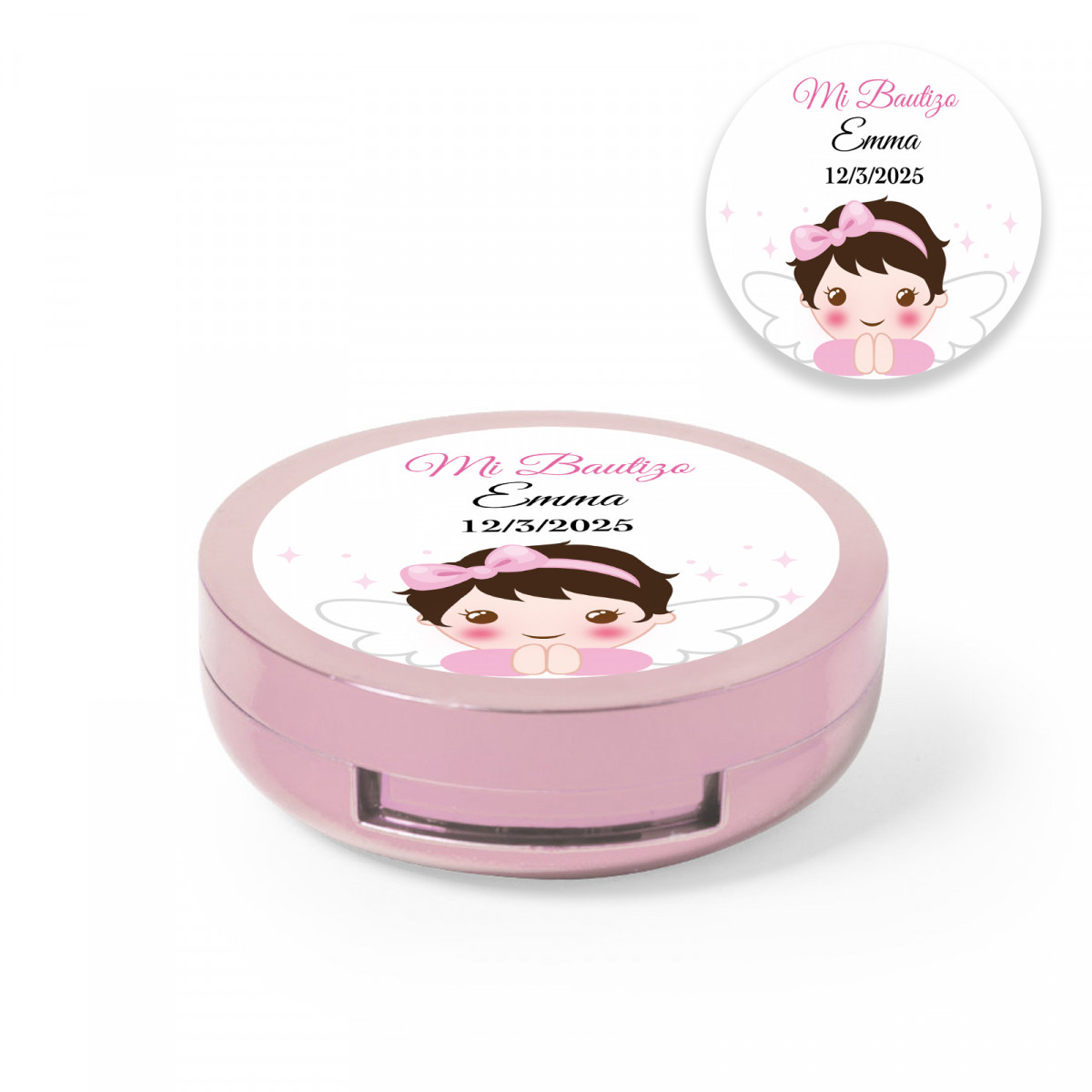 Balsamo labiale in scatola rosa con specchio interno e adesivo personalizzato per battesimo bambina