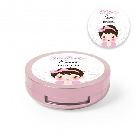 Balsamo labiale in scatola rosa con specchio interno e adesivo personalizzato per battesimo bambina