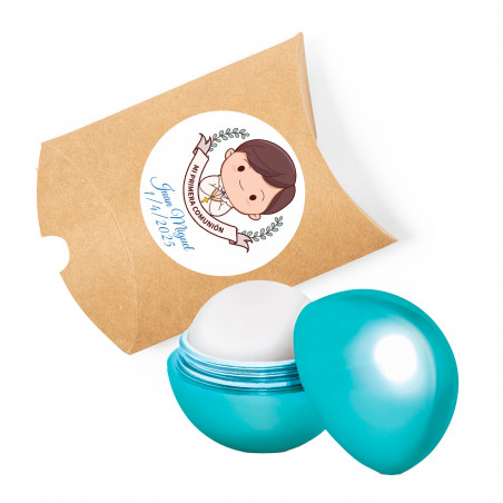 Brillante labiale blu in astuccio kraft con adesivo prima comunione per bambino per dettagli