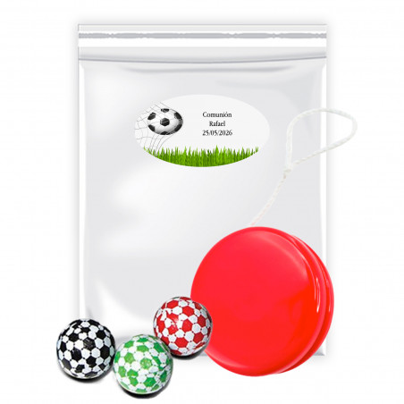 Yoyo con cioccolatini a forma di pallone da calcio in busta con adesivo personalizzabile per dettagli