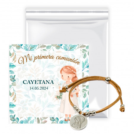 Bracciale con medaglia della Vergine Maria con biglietto promemoria in sacchetto con patella per dettagli della comunione.
