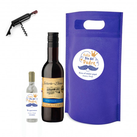 Bottiglia di vino e cavatappi in una borsa blu personalizzata per regali del giorno del padre