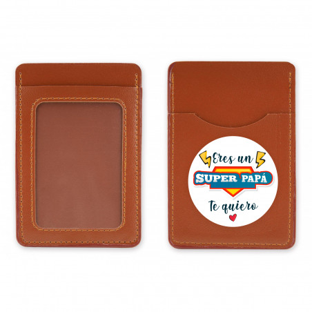 Porta carte in similpelle marrone con adesivo sei un super papà da regalare