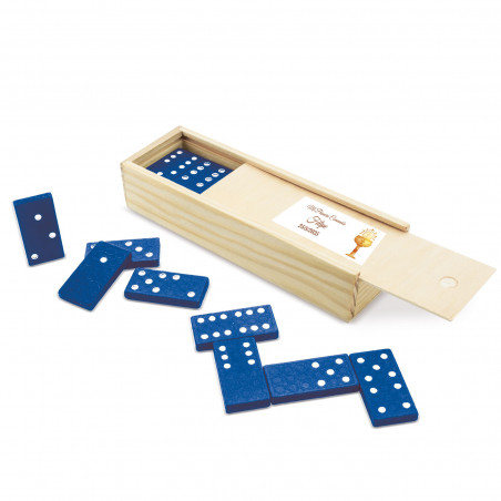 Dominò blu in scatola di legno personalizzato con adesivo per la Comunione da regalare