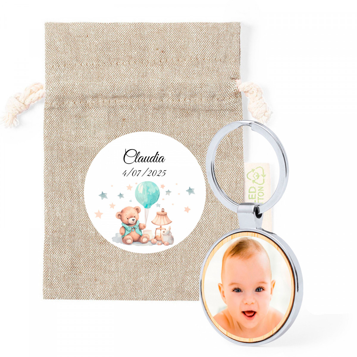 Portachiavi con foto personalizzabile in borsa di stoffa con adesivo design orsetto da regalare