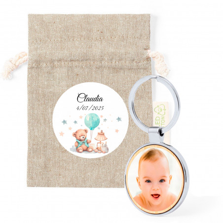 Portachiavi con foto personalizzabile in borsa di stoffa con adesivo design orsetto da regalare