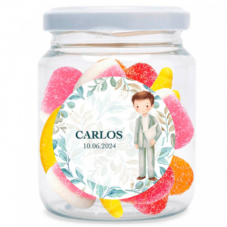Barattolo con mix di caramelle senza glutine e adesivo per prima comunione personalizzabile da regalare