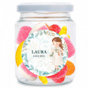 Barattolo con mix di caramelle senza glutine e adesivo personalizzabile prima comunione bambina da regalare