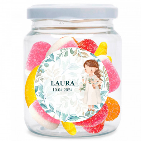 Barattolo con mix di caramelle senza glutine e adesivo personalizzabile prima comunione bambina da regalare