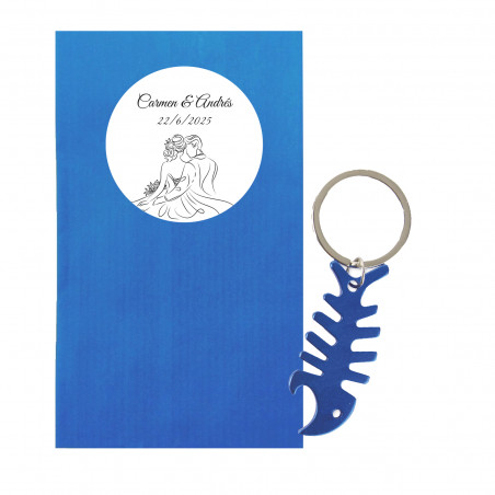 Portachiavi apribottiglie a forma di lisca di pesce blu con busta in kraft e adesivo di nozze personalizzato da regalare